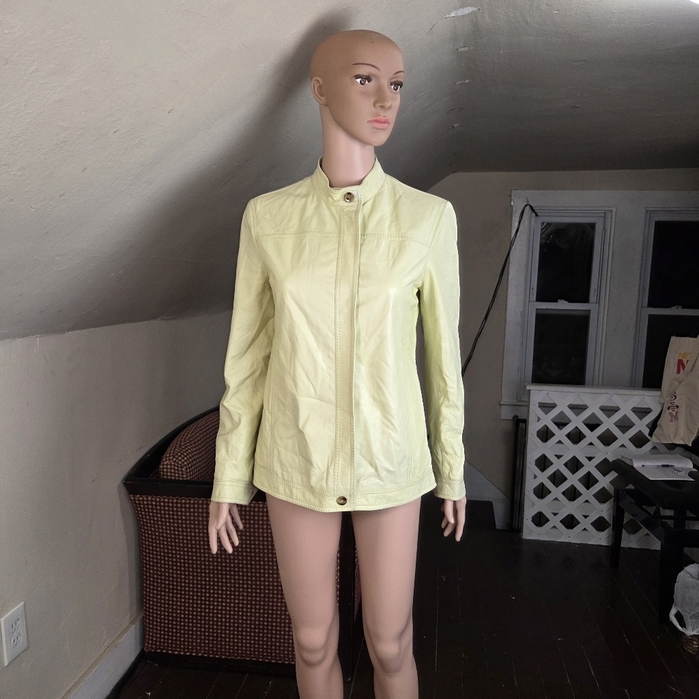 Hugo Boss Women’s Leather Jacket Yellow Made in Italy Size US 6 Ink Stains AS IS